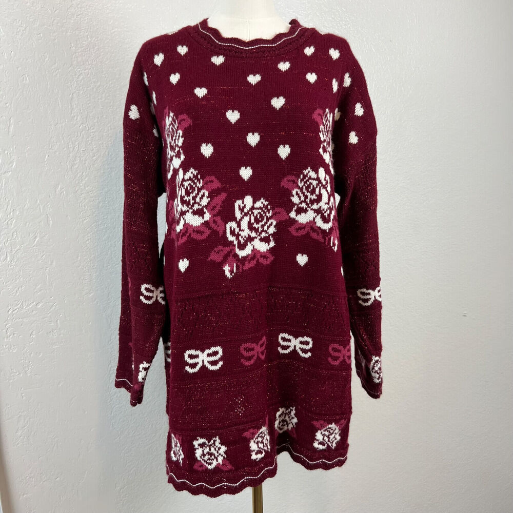 VTG Trimmings Sweater Womens 18 Red Floral Heart Knit Grandma Feminine Romantic‎ - Picture 2 of 13